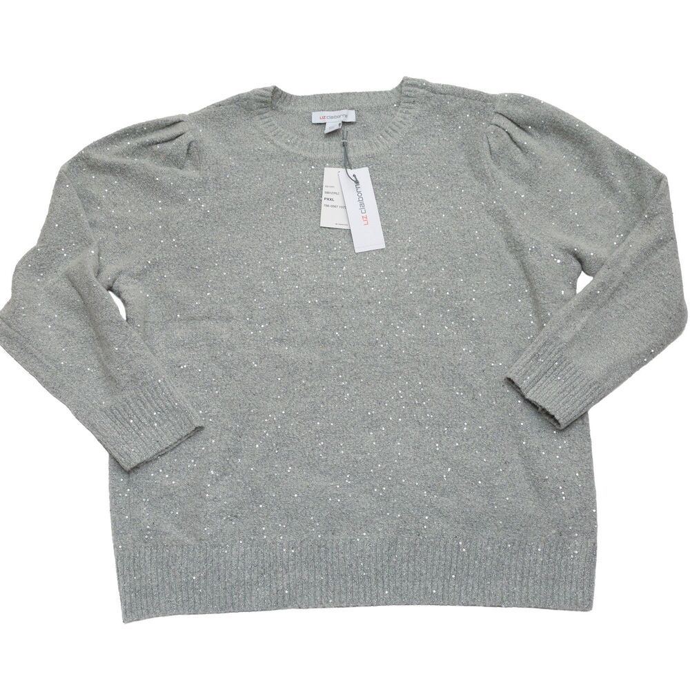 Liz Claiborne Petite XXL Gray Sequin Sweater Puff Sleeve Crew Neck Soft Knit